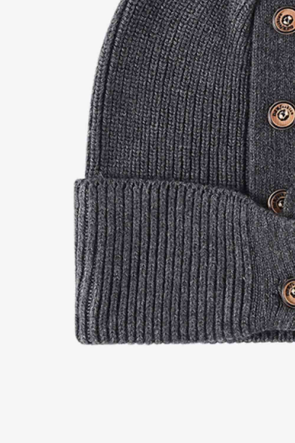 Button Detail Rib-Knit Cuff Beanie