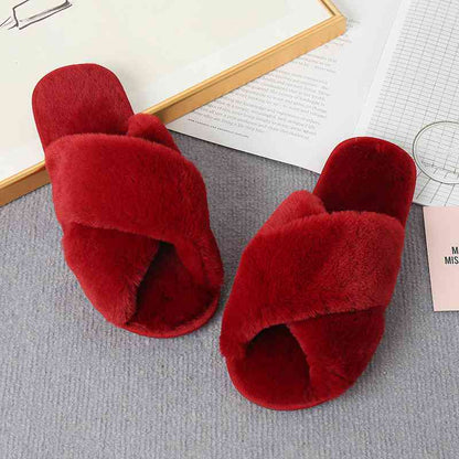 Faux Fur Crisscross Strap Slippers