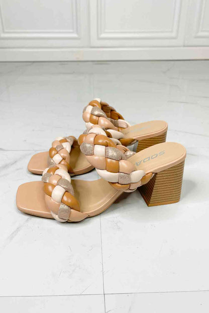 SODA Interwoven Ideas Braided Strap Block Heel Slide Sandal in Nude