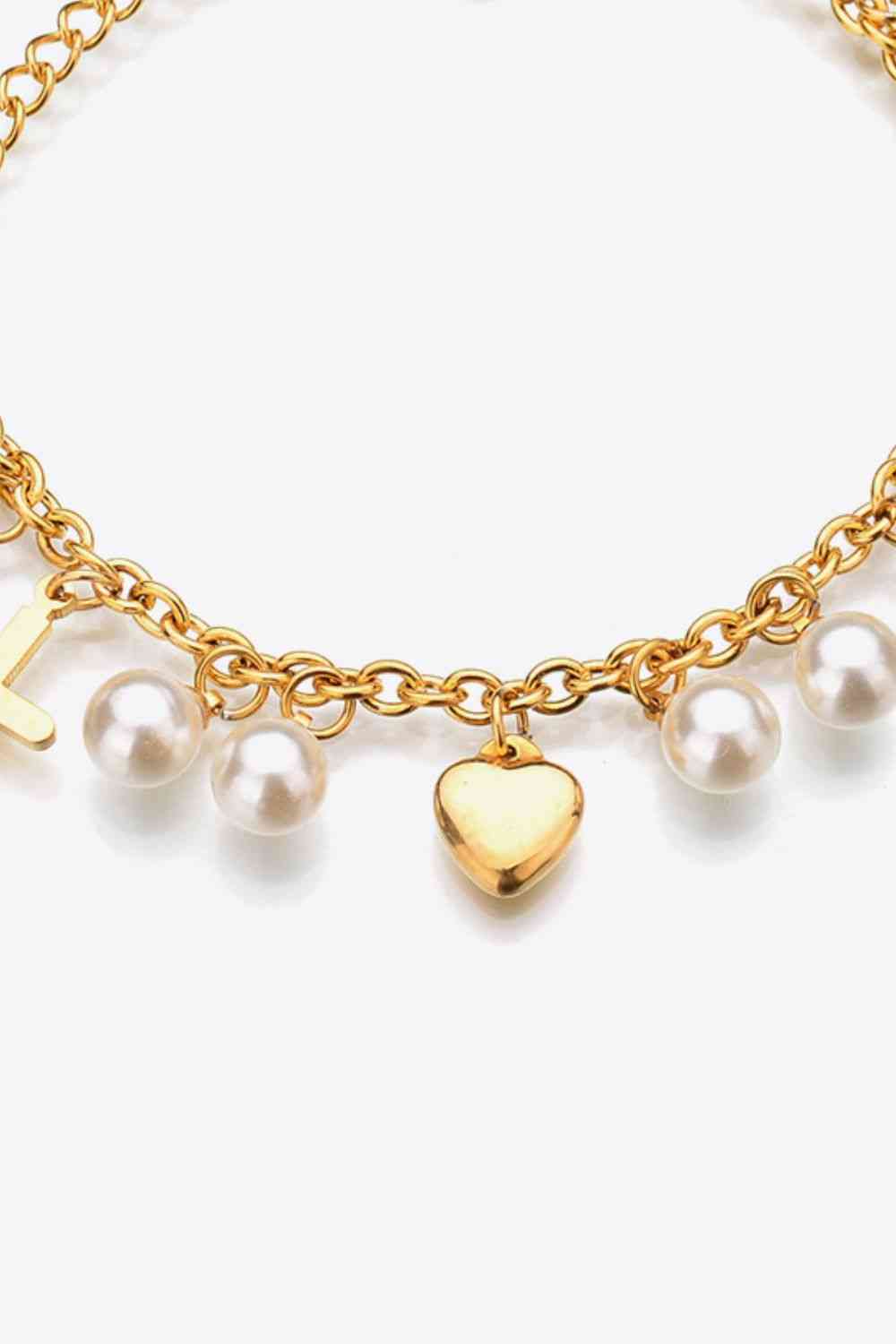 Heart Cross and Pearl Charm Stainless Steel Bracelet